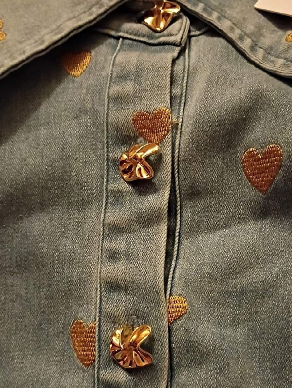 La Boheme Jean Material Button-Front Casual Dress with Gold Heart Print - Picture 4 of 6